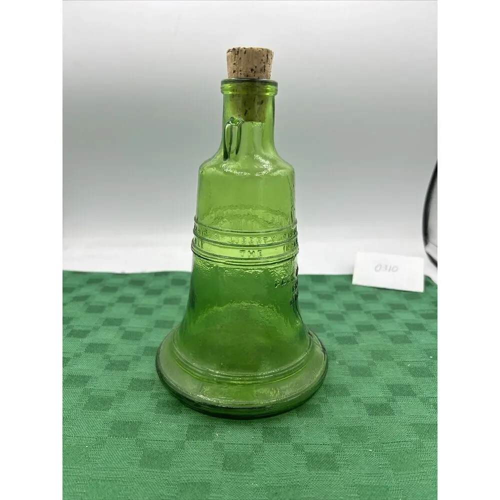 Vintage Wheaton 1970 Green Glass Liberty Bell Decanter With Cork